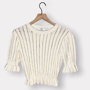 Zara Ivory Textured Knit Puff Sleeve Short Sleeve Sweater